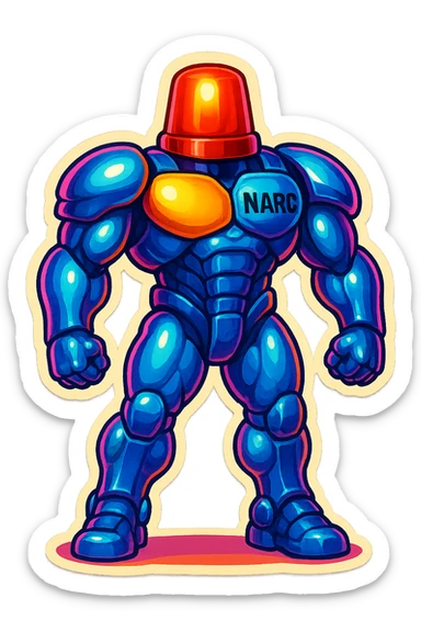 Render a shiny muscular robot with a red police light head in retro stickers style, emphasizing vibrant colors and bold outlines typical of retro stickers. sticker