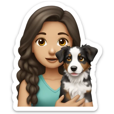 Brunette long hair light tan girl with black and white Australian shepherd puppy sticker