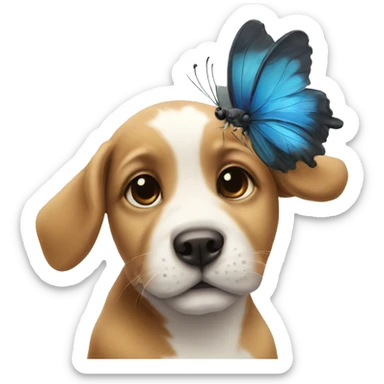 a baby dog with a butterfly on the nose sticker