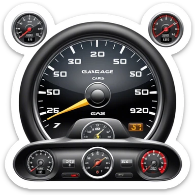 An icon showing a racing game interface, inspired by Grand Turismo. The design features a garage with a selection of high-performance cars, along with race track visuals in the background. Speedometer, lap timer, and other HUD elements add to the excitement. Transparent background sticker