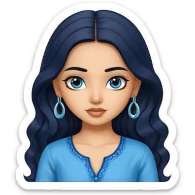 a pretty indian bratz girl with wavy long black hair, wearing a blue kurti, eyeliner on, indian auto behind her sticker