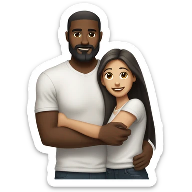 light skin woman with very long straight brown hair hugging black man with very short dark hair and a long dark beard wearing a white tshirt sticker