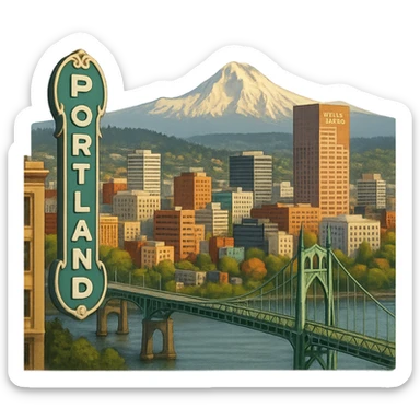 cinematic realistic emoji of Portland, wide city view with iconic landmarks including Portland sign, St. Johns Bridge, Wells Fargo Center, Mount Hood in the background, lifelike detail, accurate colors, bright daytime lighting, no sky, no clouds, fully transparent background sticker