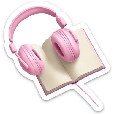 Pastel pink headphones with a pastel pink open book sticker