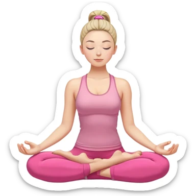 caucasian woman with high ponytail in lotus position meditating, eyes closed, peaceful expression, pink yoga clothes sticker