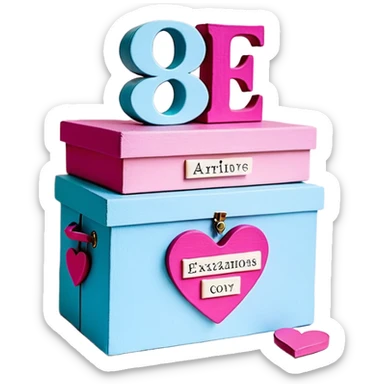 Una cajita rosa pastel con detalles fucsia, un recuadro crema con letras fucsias (Declaraciones de Fe – Exitosas con Dios – Romanos 4:17), corazones decorativos con palabras y un corazón azul con el número 99 arriba. sticker