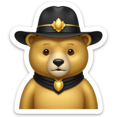 Oso dorado con un sombrero elegante    negro y  en   su cuello un moño negro sticker