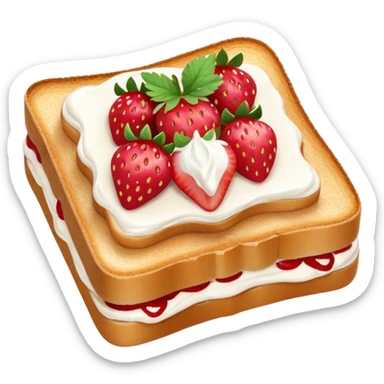 square toast topped with fluffy white cream, decorated with a strawberry bow made from two strawberry center, bright red and glossy sticker