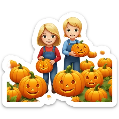 children picking pumpkins in a pumpkin patch, orange leaves, happy faces sticker