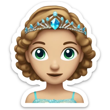 Girl with long brown hair and blue/green eyes wearing a tiara sticker