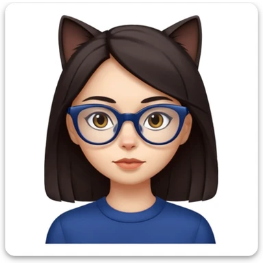 Female. Straight long hair and dark brown eyes and hair with cat eye glasses and dark blue out fit sticker