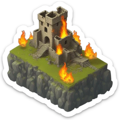 Isometric ruins of a burning castle beside the coast sticker