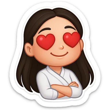 Create a chibi sticker of the girl from the reference image with long hair as shown. She is in love with heart eyes, in 3D bitmoji chibi style with a white outline and transparent background. sticker