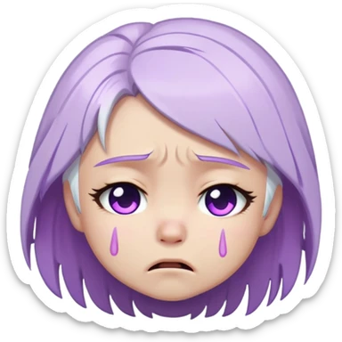 Chibi Sable Ward crying, teary eyes, pouty mouth, tears falling, white hair with purple streaks, fully purple eyes, sad expression sticker
