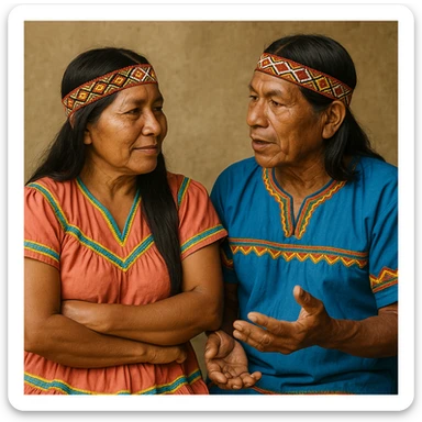 A Costa Rican indigenous couple dialoguing, showing typical features and traditional clothing of Costa Rica's native peoples. sticker