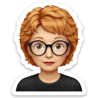 woman 70 years old, very short strawberry blonde weavy hair, brown eyes and round dark glasses sticker