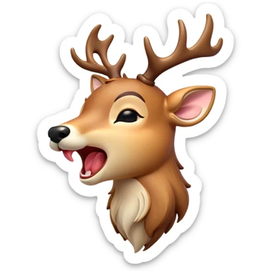 Cinematic Cute Yawning Deer Portrait Emoji, Head tilted slightly with a dramatic, wide-open yawn, revealing a soft, dappled Fur and elegantly drooping ears, eyes barely open in drowsy contentment, Simplified yet irresistibly adorable features, highly detailed, glowing with a soft, cozy glow, high shine, relaxed yet expressive, stylized with a touch of natural whimsy, bright and endearing, soft glowing outline, capturing the essence of a sleepy yet affectionate deer, so drowsy it feels like it could stretch right out of the screen and curl up for a nap! sticker