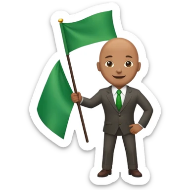 Create a emoji of a man in a suit brown skin with bald holding a green flag smiling sticker