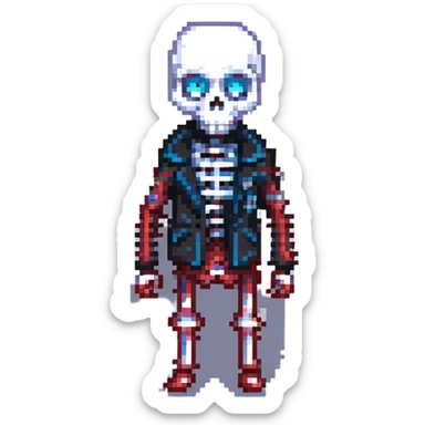 Error Sans, a skeleton character with a glitchy, corrupted appearance, blue and red eye, wearing a black jacket, inspired by Undertale, pixel art style sticker