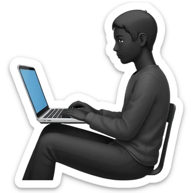 Minimalistic flat vector icon, iOS style, thin black contour on white background. Person silhouette sitting with a laptop, code brackets <> on the screen. Clean, no te sticker