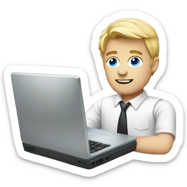 Male coder featuring a laptop. He has blonde hair, blue eyes, white skin. sticker