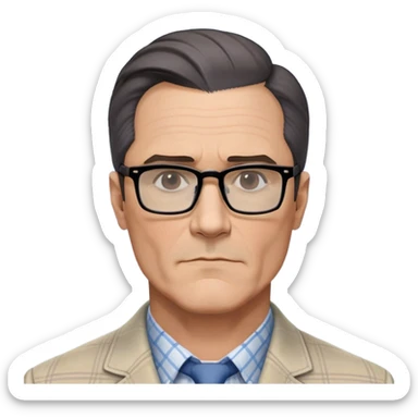 50-year-old man with very prominent and large square jawline that's wider than the rest of his face. Large dark square glasses, short straight hair combed to the side with some gray. Serious-relaxed expression. Light gray jacket, white shirt with blue checkered pattern. sticker