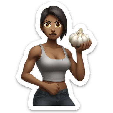 muscular angry woman with a cross in his hand and a garlic sticker