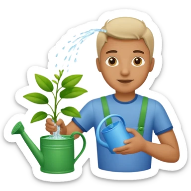 man pouring water onto a green plant,  with a watering can in hand,  sticker