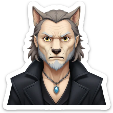 Fenrir Greyback in harry potter, black open chest coat, wolf face, pointed ear sticker