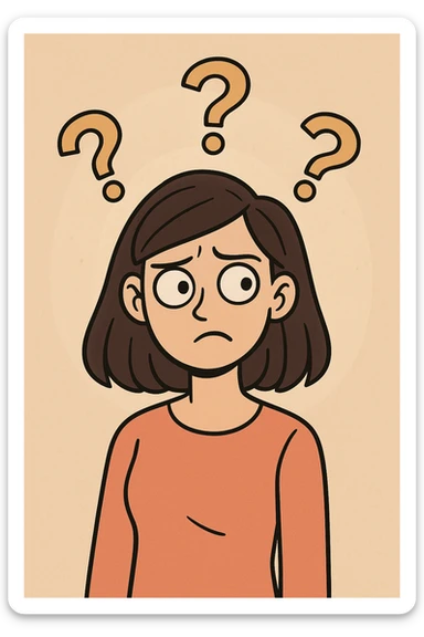 confused woman with straight dark hair, head tilted, question marks circling around her, cartoon style sticker