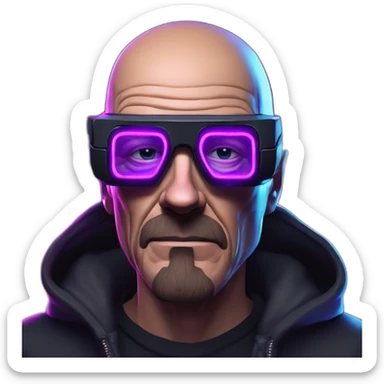 Walter White wearing a black hoodie with "OMG" letters on it and VR headset in a cyberpunk VR environment with violet neon lighting. sticker