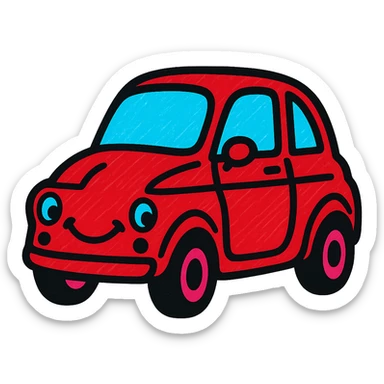 Make the Fiat 500 car red, add a smiling face to the car, keep the background transparent. sticker