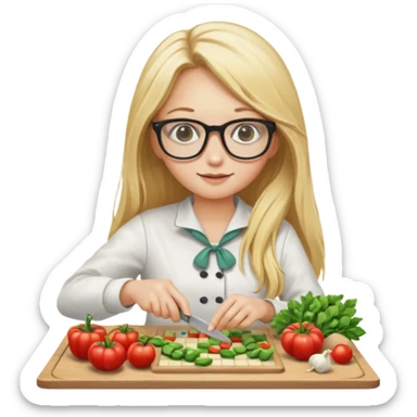 je voudrai un emoji d'une fille aux cheveux longs et blonds avec des lunettes entrain de découper, une entrain de faire un jeu de société, une qui cuisine, sticker