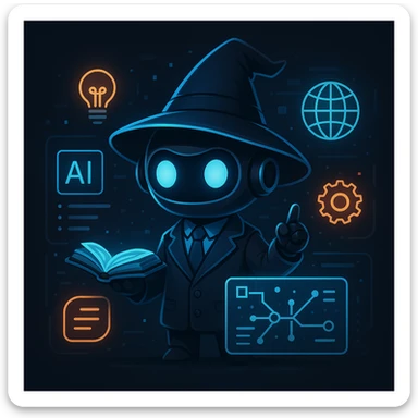 mini productivity wizard robot librarian, dark mode, with glowing AI icons and holographic interface, in a smart minimalist outfit sticker