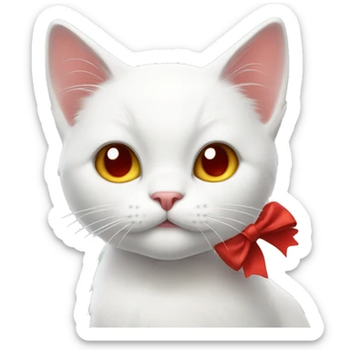 white cat with a red bow and a raised paw sticker