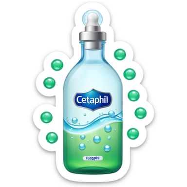 Cetaphil white bottle with light green cap and blue-green label, glowing softly. Surrounded by tiny light orbs and silky sparkles flowing like hydration waves. Feels like a gentle skin shield potion in a glossy, minimalist flask. sticker