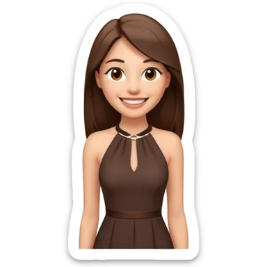 emoji-style illustration of a stylish pretty big smile woman with long straight brown hair, wearing a dark halter neck dress, elegant and minimalistic look, front-facing, soft 3D cartoon rendering, plain background sticker