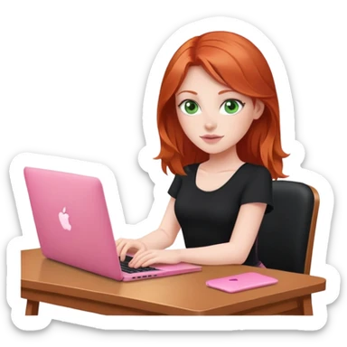 Redhead with green eyes sat at desk with pink MacBook and black top and pink chair  sticker