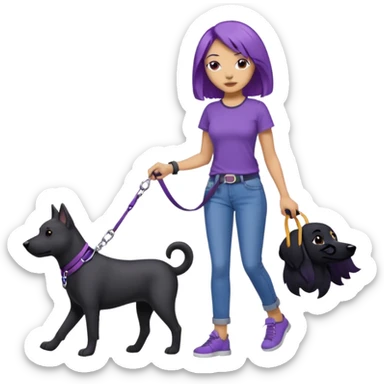 purple haired light skinned woman walking a big, black dog sticker