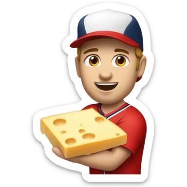 Caucasian Baseball player with red hat and red jersey eating cheese sticker