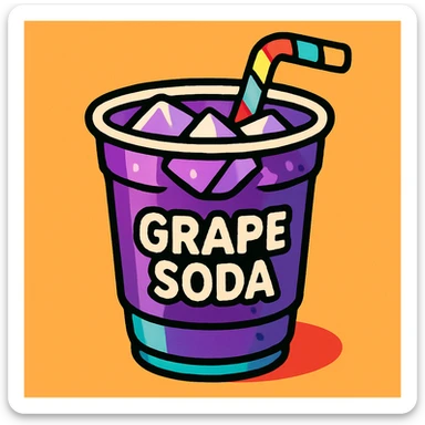 clean, vibrant color cartoon illustration of a cup of grape soda with a purple hue, ice cubes, and a fun straw, TikTok-inspired, minimal and bold sticker