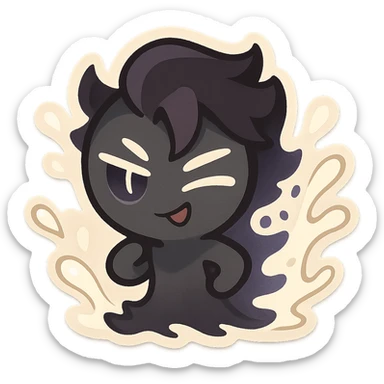 Chibi Shadow Milk Cookie, small and adorable, with a shadowy aura, milk splashes, and a playful expression sticker