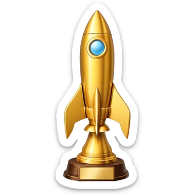 Golden rocket trophy award, shiny gold rocket with a trophy base sticker