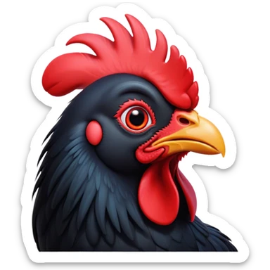 Cinematic Cute Black Rooster Portrait Emoji, Head tilted playfully and inquisitively, featuring a glossy, immaculate black plumage with a vibrant red comb, round, sparkling eyes filled with curiosity, Simplified yet irresistibly adorable features, highly detailed, glowing with a warm, friendly glow, high shine, affectionate and spirited, stylized with a touch of farmyard whimsy, bright and endearing, soft glowing outline, capturing the essence of a mischievous yet loving rooster, so playful it feels like it could strut out of the screen and into your arms! sticker