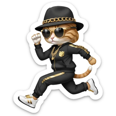 female cat running upright wearing Run DMC hip-hop outfit, tracksuit, fedora, Adidas sneakers, dark sunglasses, many gold chains, bling accessories (rings, bracelets, earrings) sticker