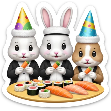 four bunnies together eating sushi at a birthday party, festive, colorful, party hats, birthday decorations, different arrangement, emoji style sticker