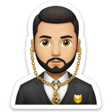 green eyes, dark short hair, muscular shoulders, big lips big nose big eyes, masculine good looking, dark beard wearing a suit . buttons of the shirt open. and olive skin tone  sticker