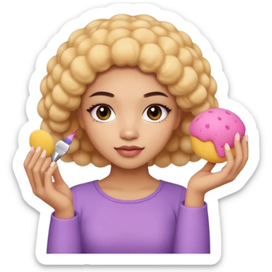 Light skin female holding makeup fluffy sponge in left hand  sticker