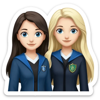 a pretty ravenclaw girl with long dark brown hair and blue eyes standing with a hot Slytherin girl with long blonde hair, blue eyes and big boobs  sticker