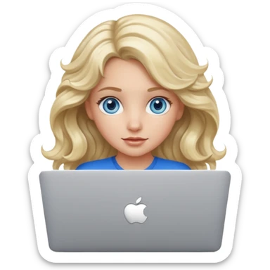 blond girl, blue eyes, hair wavy, , behind her silver colored laptop from apple sticker